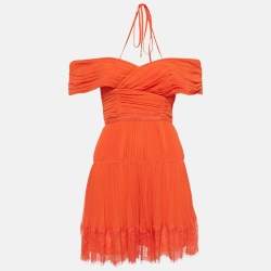 Self-Portrait Orange Lace Trim Chiffon Pleated Off-Shoulder Mini Dress S