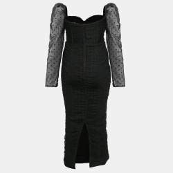 Pre Owned Self-Portrait Black Flocked Tulle Ruche Detail Midi Dress S