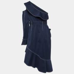 Pre Owned Self-Portrait Navy Blue Canvas Asymmetric Ruffled Dress M