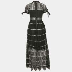 Pre Owned فستان ميدي سيلف بورتريت أسود دانتيل حلقات وحافة مموجة مقاس كبير - لارج