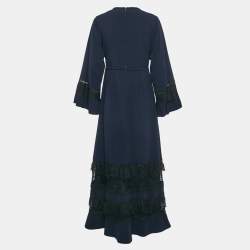 Pre Owned Self-Portrait Navy Blue Crepe Lace Trimmed Maxi Dress M