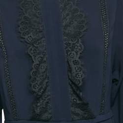 Pre Owned Self-Portrait Navy Blue Crepe Lace Trimmed Maxi Dress M