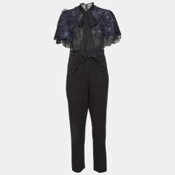 Self-Portrait Black/Blue Cady & Lace Ruffled Tie-Neck Jumpsuit M