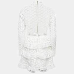 Pre Owned Self-Portrait White Star Pattern Lace Tiered Mini Dress M