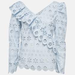 Self-Portrait Blue Schiffli Lace Ruffled Broderie Anglaise Top M
