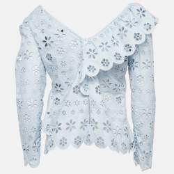 Self-Portrait Blue Schiffli Lace Ruffled Broderie Anglaise Top M