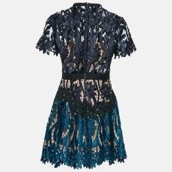 Pre Owned Self-Portrait Blue Floral Lace Cut-and-Sew Detail Mini Dress M