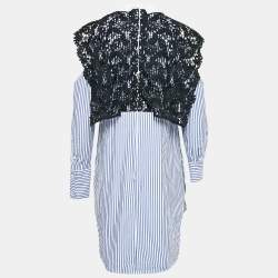 Self-Portrait White/Blue Stripe Cotton Lace Overlay Detail Short Dress M