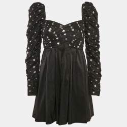 Self-Portrait Black Cluster Sequin Taffeta Pleated Mini Dress S