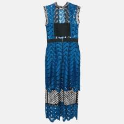 Pre Owned Self-Portrait Blue/Black Guipure Lace Paneled Midi Dress S