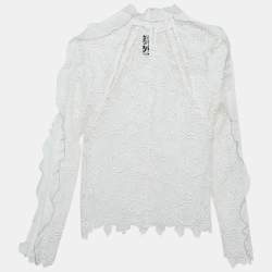 Self-Portrait White Floral Guipure Lace Ruffled Full Sleeve Top M