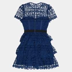 Pre Owned Self-Portrait Navy Blue Guipure Lace Tiered Mini Dress M