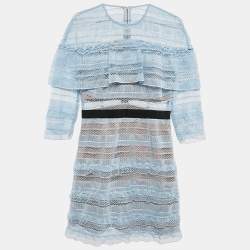 Pre Owned Self-Portrait Blue Guipure Lace Ruffled Mini Dress M