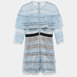 Pre Owned Self-Portrait Blue Guipure Lace Ruffled Mini Dress M