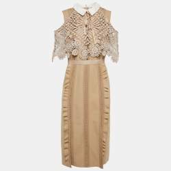 Self-Portrait Beige Crepe and Lace Hinkley Midi Dress L