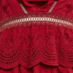 Pre Owned Self-Portrait Red Broderie Anglaise Chiffon Tiered Mini Dress S