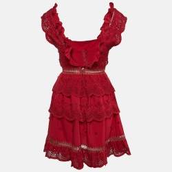 Pre Owned Self-Portrait Red Broderie Anglaise Chiffon Tiered Mini Dress S