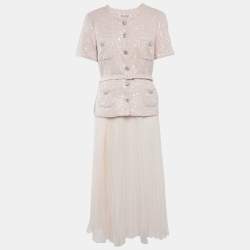 Pre Owned Self-Portrait Pink Boucle and Chiffon Plisse Midi Dress L