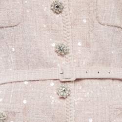 Pre Owned Self-Portrait Pink Boucle and Chiffon Plisse Midi Dress L