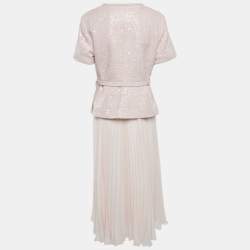 Pre Owned Self-Portrait Pink Boucle and Chiffon Plisse Midi Dress L