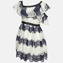 Pre Owned Self-Portrait Navy Blue Wavy Guipure Lace Mini Dress S