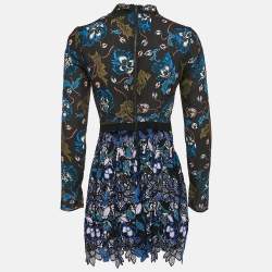Self-Portrait Blue/Black Floral Print chiffon and Lace Short Dress S