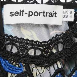 Self-Portrait Blue/Black Floral Print chiffon and Lace Short Dress S