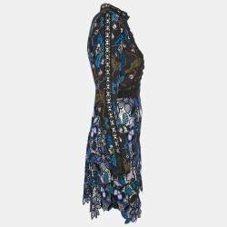 Self-Portrait Blue/Black Floral Print chiffon and Lace Short Dress S
