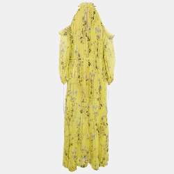 Self-Portrait Yellow Floral Print Chiffon Plisse Cold-Shoulder Maxi Dress S