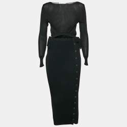 Self-Portrait Black Rib Knit Cut-Out Detail Bodycon Midi Dress S