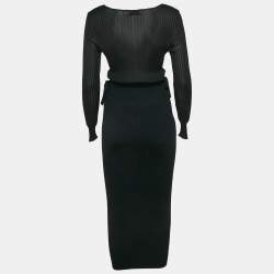 Self-Portrait Black Rib Knit Cut-Out Detail Bodycon Midi Dress S