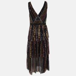 Pre Owned Self-Portrait Black Striped Sequin Tulle Tiered Midi Dress M