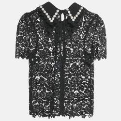 Pre Owned Self-Portrait Black Beads Embellished Lace Sheer Shirt S