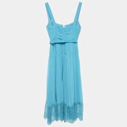 Pre Owned Self-Portrait Blue Pleated Chiffon Sleeveless Midi Dress S
