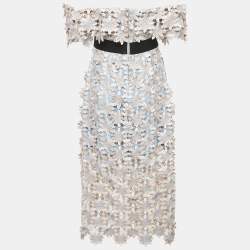 Self-Portrait Blue/Pink Floral Guipure Lace Off-Shoulder Midi Dress L