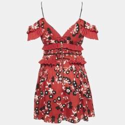 Pre Owned Self-Portrait Red Floral Print Crepe Off-Shoulder Ruffled Mini Dress M