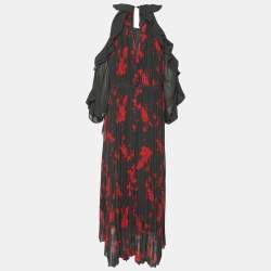 Self-Portrait Red/Khaki Rose Print Polyester Maxi Dress S