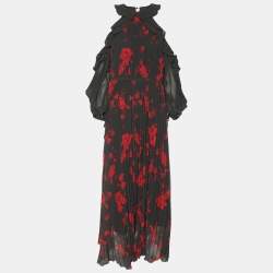 Self-Portrait Red/Khaki Rose Print Polyester Maxi Dress S