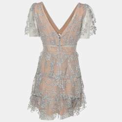 Self Portrait Grey/Beige Mesh Embroidered Blossom Tiered Mini Dress S