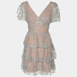 Self Portrait Grey/Beige Mesh Embroidered Blossom Tiered Mini Dress S