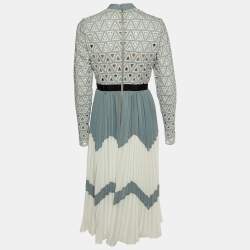 Self-Portrait Grey/White Crochet Lace & Crepe Pleated Midi Dress M