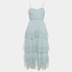 Self-Portrait Blue Chiffon & Lace Tiered Midi Dress M