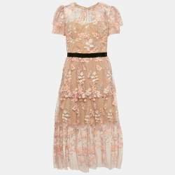 Pre Owned فستان سيلف بورتريه متوسط تول مطرز وردي فاتح متعدد الطبقات