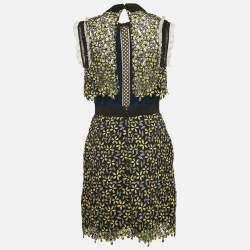 Self-Portrait Blue/Yellow Floral Lace Open Back Mini Dress S