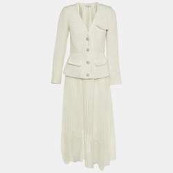 Self-Portrait White Tweed & Crepe Tailored Midi Dress S