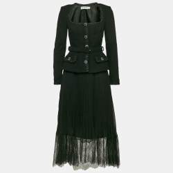 Self-Portrait Black Tweed and Chiffon Pleated Tailored Bodice Midi Dress M