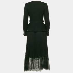 Self-Portrait Black Tweed and Chiffon Pleated Tailored Bodice Midi Dress M