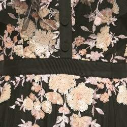 Pre Owned Self-Portrait Black Floral Embroidered Tulle Tiered Maxi Dress M