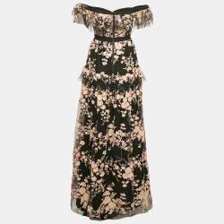 Pre Owned Self-Portrait Black Floral Embroidered Tulle Tiered Maxi Dress M