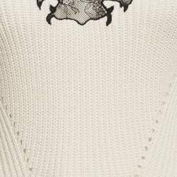 Pre Owned Self-Portrait Ivory Rib Knit Lace Trim Puff Sleeve Midi Dress S